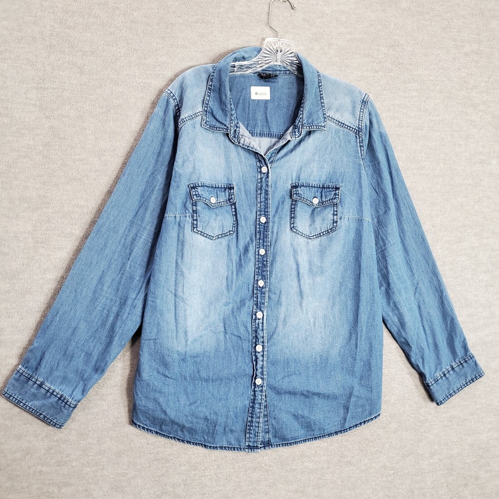 TORRID Women Top 1 Blue Chambray Button Up Pockets Collar Long Sleeve